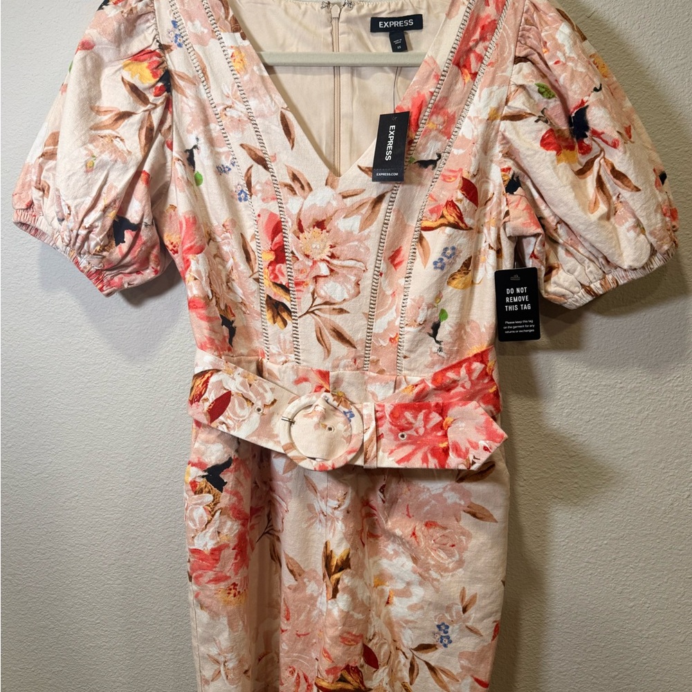 Express Floral Jumpsuit with Belt - Pink and Cream